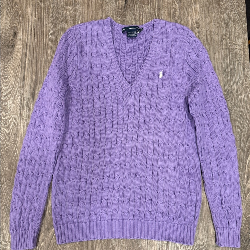 RALPH LAUREN Purple Cable Knit V-Neck Sweater Size XL
